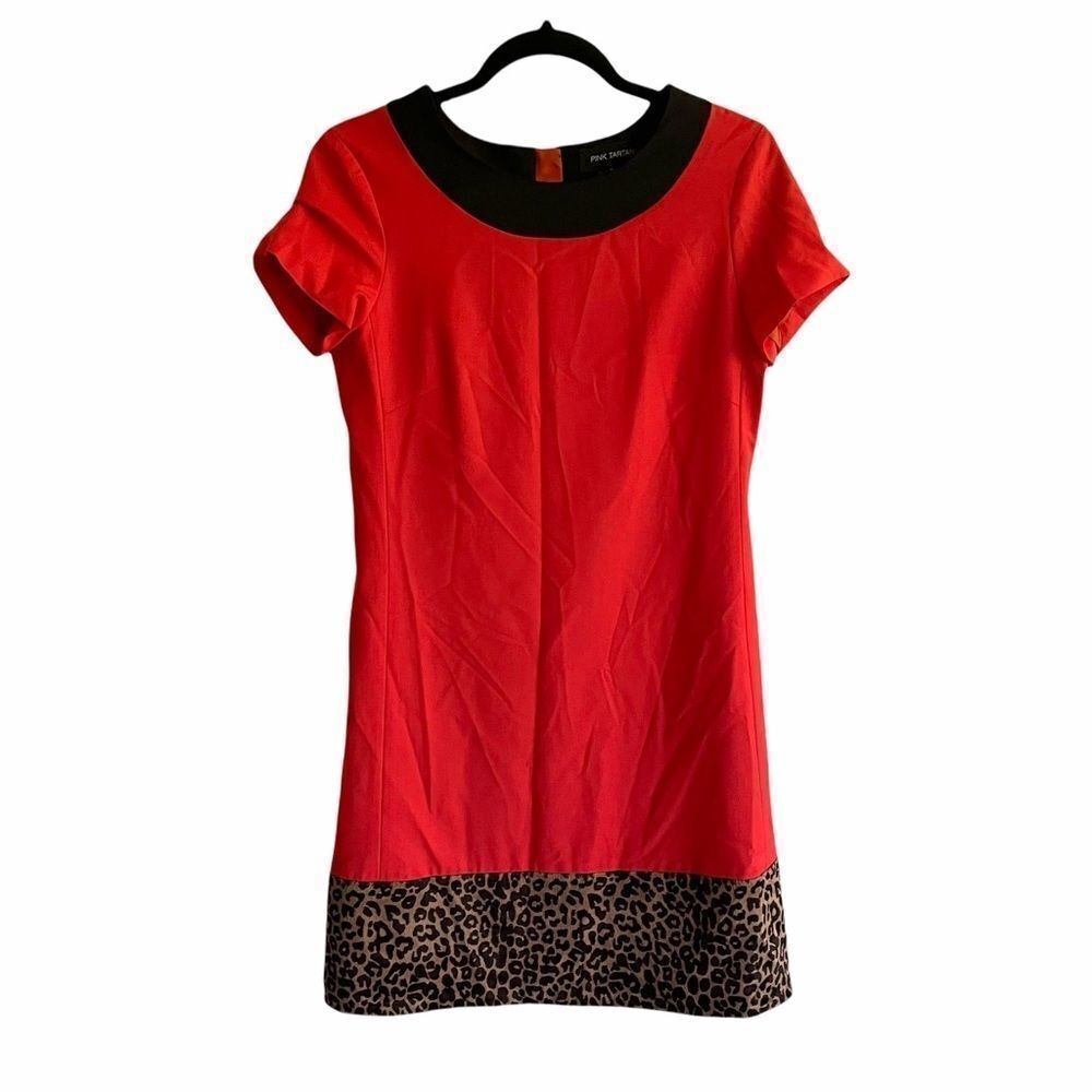 PINK TARTAN Wool Short Sleeve Mini Shift Dress Red Leopard Print 2